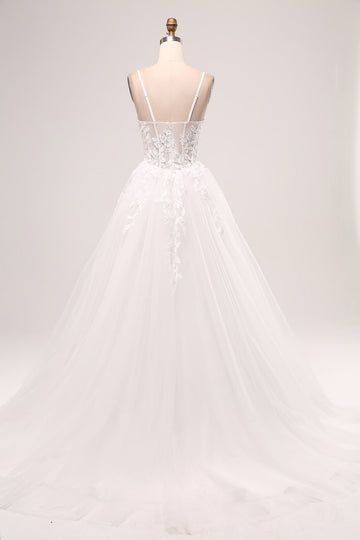 Marfil Línea A Tirantes de Espagueti Corsé Encaje Tul Vestido de Novia Largo